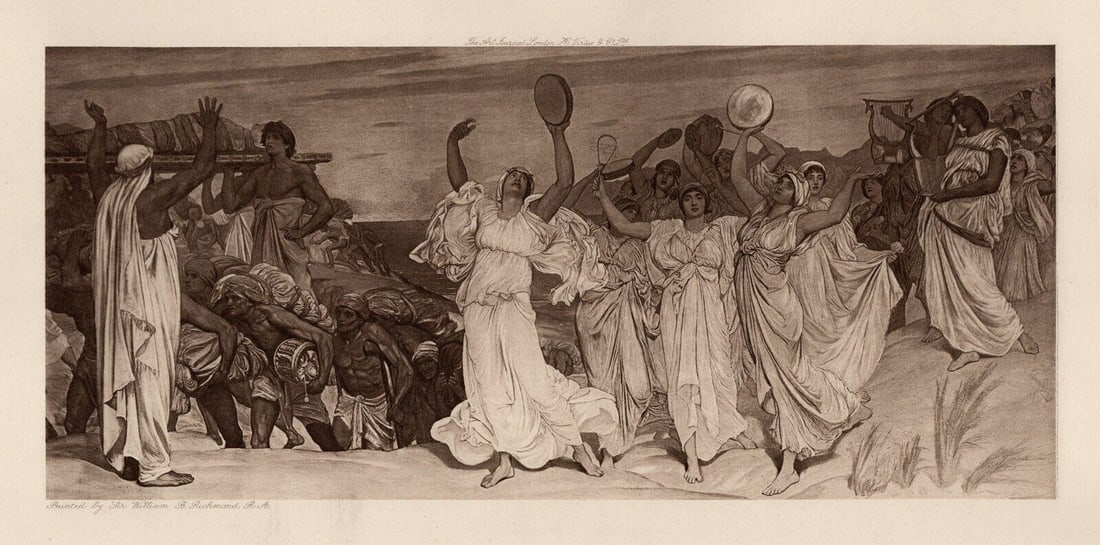 WILLIAM B. RICHMOND Antique Print The Song of Miriam SIGNED FRAMED: Sir William Blake Richmond (English, 1842-1921). The Song of Miriam. Antique heliogravure on wove paper after the original by a master engraver. Signed in the plate. Year: 1902. Image size 5 1/8 x 10