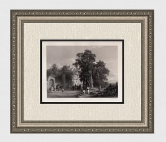 1800s Oswald Achenbach Engraving The Monastery Landscape Framed Signed