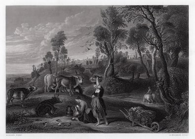1858 Sir Peter Paul Rubens The farm at Lacken engraving signed