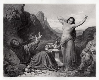 1800s Dominique Papety Lithograph Temptation of St. Hilarion FRAMED