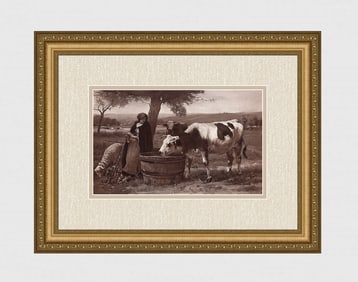 Julien Dupre 1800s Antique Print In the Meadow Signed Framed