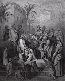 1800s Gustave Dore Bible Wood Engraving "The Little Children & Jesus" Signed Framed