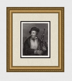 1852 WILKIE FRAMED Engraving "Scottish Man Holding Bagpipes"