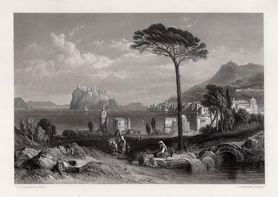 SIGNED 1800s CLARKSON STANFIELD Engraving ISCHIA LANDSCAPE Framed