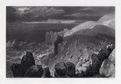 1800s William Turner Engraving Rocky Shoreline at Land's End FRAMED SIGNED