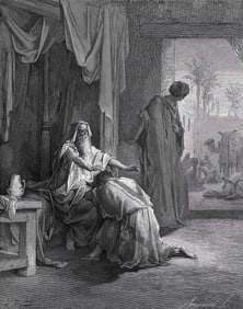 GUSTAVE DORE SIGNED 1800s Religious Woodcut Isaac Blesses Jacob FRAMED