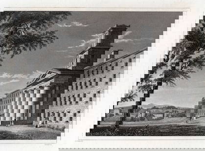 1800s Alexander Jackson DAVIS Engraving Amherst College, Mass FRAMED SIGNED: Alexander Jackson Davis (American 1803 – 1892). Amherst College, Mass. Antique engraving on wove paper after the original by master engraver J. Archer (British,1800- fl. c.). Signed in the plate. Ye
