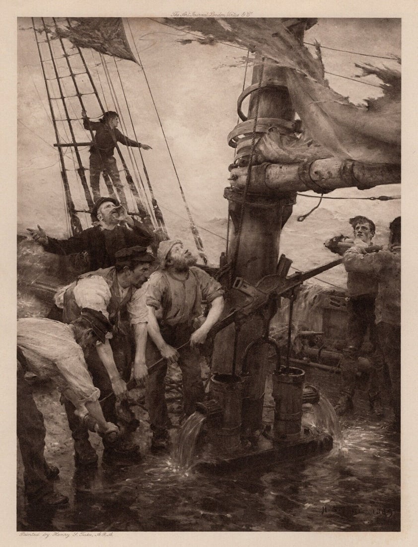 HENRY SCOTT TUKE Antique Print SWAMPED BY THE STORM Signed Framed: Henry Scott Tuke (English, 1858 - 1929). All Hands on the Pumps. Antique heliogravure on wove paper after the original by a Master Engraver. Year: 1907. Image Size 7 x 9 1/2 inches. Framed dimensions