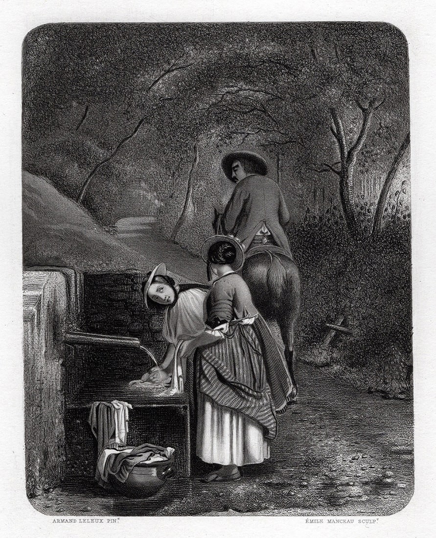 1800s Armand LELEUX SIGNED Lithograph Washerwomen at Fountain Framed: Armand Hubert Simon Leleux (French, 1818-1885). Laveuses à la fontaine montagnardes de la Foret-Noire (Washers at the mountain fountain of the Black Forest). Antique lithograph on wove paper after th