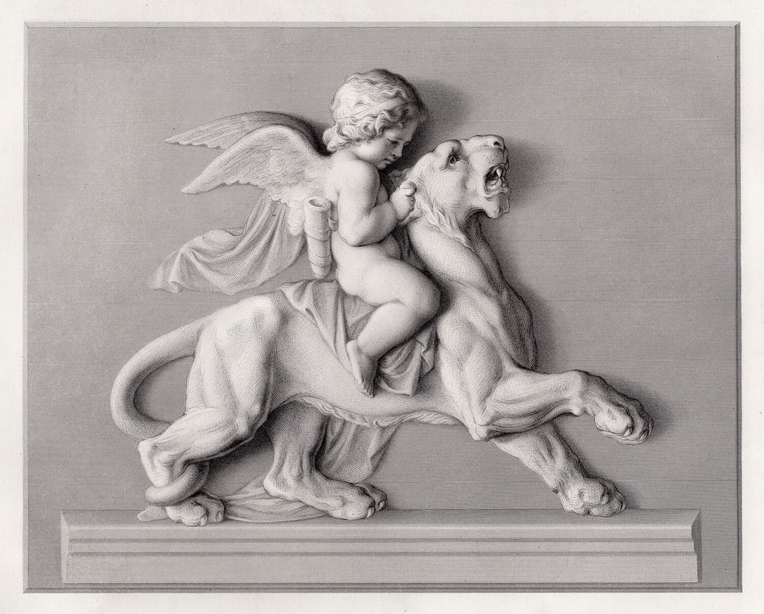 1869 Ernst RIETSCHEL Engraving Cherub Riding Panther (1 of 2)