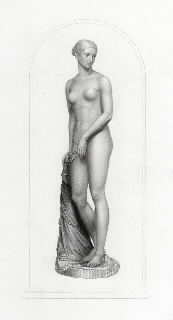 Hiram Powers 1800s Engraving The Greek Slave Framed COA: Hiram Powers American 1805 - 1873). The Greek Slave. Antique engraving on wove paper after original by master engraver William Callio Roffe (British, 1817-1894 or after). Year: 1850. Image Size 4 x 9