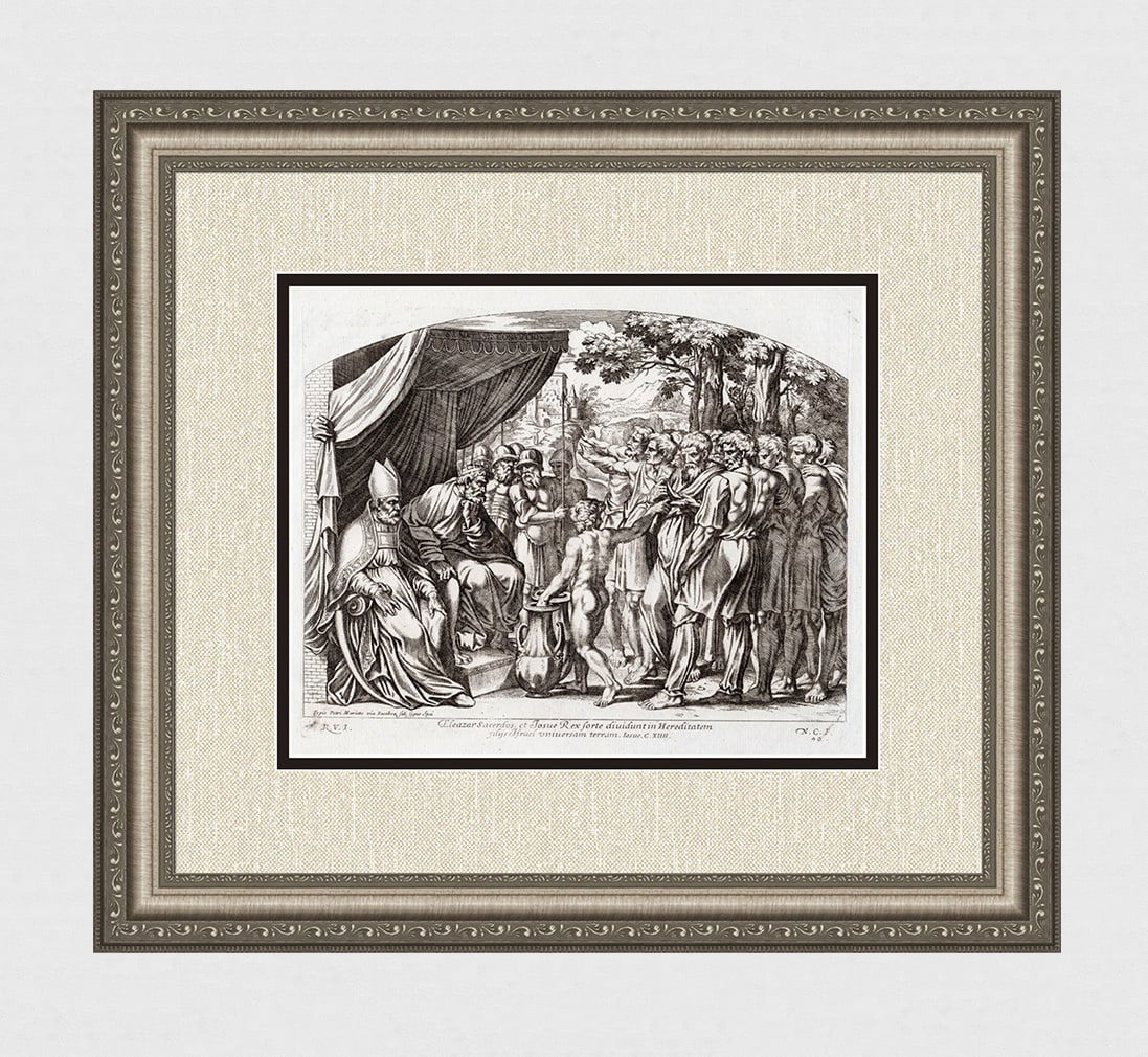 Raphael 1649 Engraving Vatican Joshua divides the land: Raphael (Italian, 1483-1520). Joshua divides the land. Antique 1649 engraving on laid paper after the original from the series of etchings Biblical Scenes, after the frescoes by Raphael in the Vatican