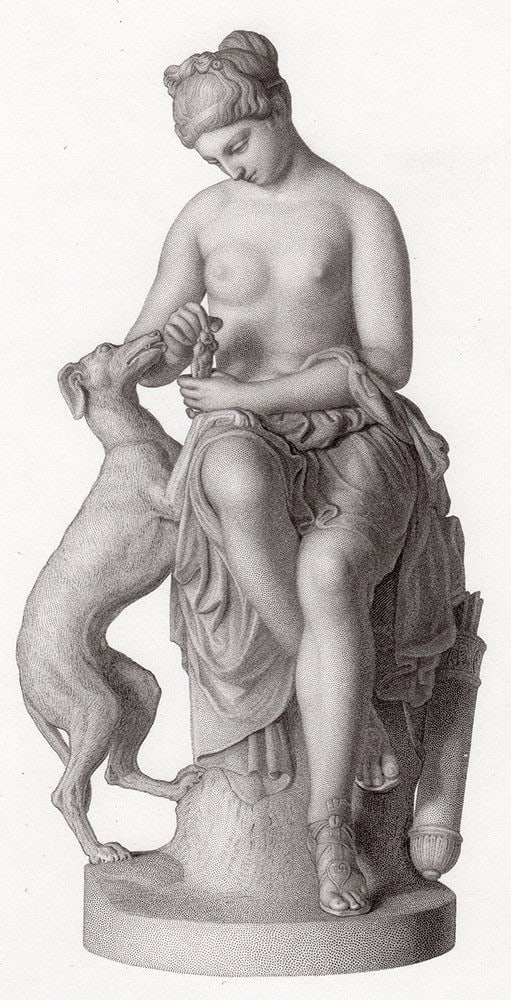 Richard James Wyatt The Huntress 1857 engraving: Richard James Wyatt. (British, baptised 1795 - 1850). The Huntress. Antique engraving on wove paper after the original marble statue by master engraver William Callio Roffe (British, 1817 - c. 1894). 