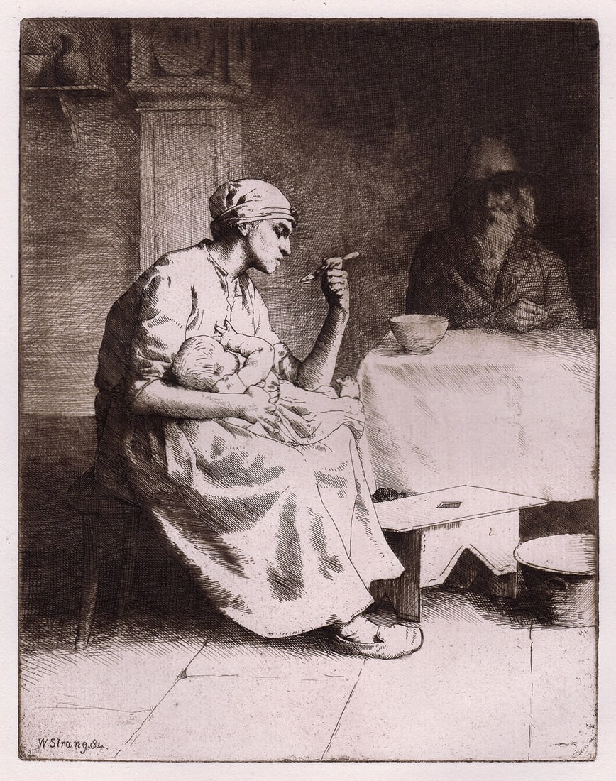 William Strang The Mother 1885 Etching Signed: William Strang. The Mother. Original hand pulled copper plate etching on thick laid paper. 1885. Signed in the plate, lower left. Image Size 6 1/4 x 9 1/4 inches. Framed dimensions: Approximately 15 x
