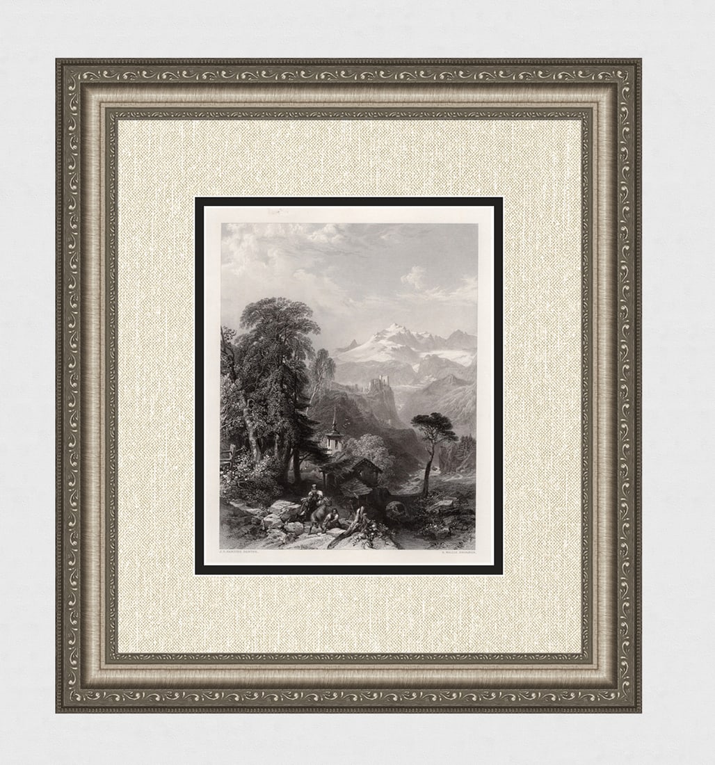 1800s JAMES HARDING Engraving Switzerland, View in the Alps SIGNED FRAMED: James Duffield Harding (English, 1798 – 1863). Val St Nicola, Switzerland. Antique engraving on wove paper after the original by master engraver Robert William Wallis (British, 1794-1878). Signed in