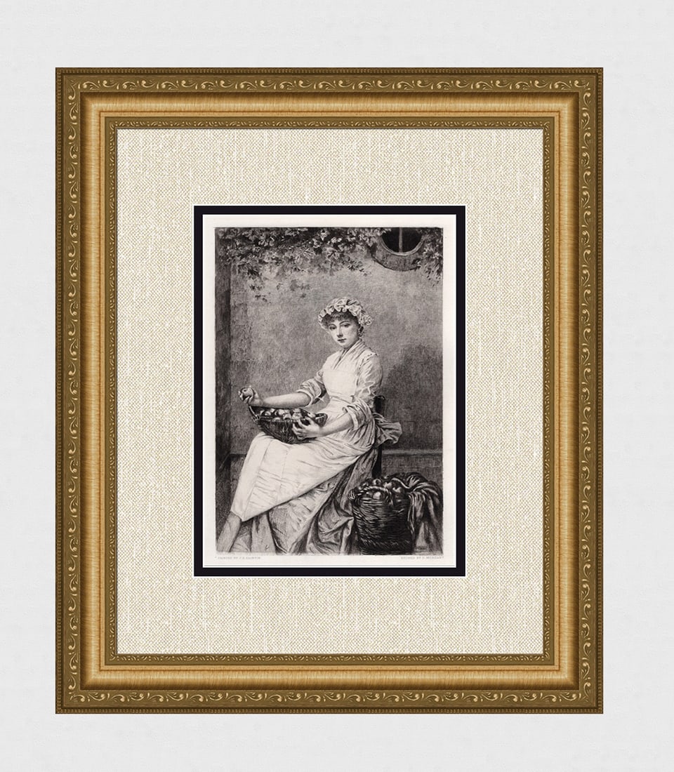Jules-Emile Saintin 1800s Antique Etching "The Apple-Seller" Signed Framed: Jules-emile Saintin (French, 1829 - 1894). The Apple-seller. Antique etching on wove paper after the original by master engraver Daniel Charles Marie Mordant (French, 1854-1914). Year: 1885. Signed in