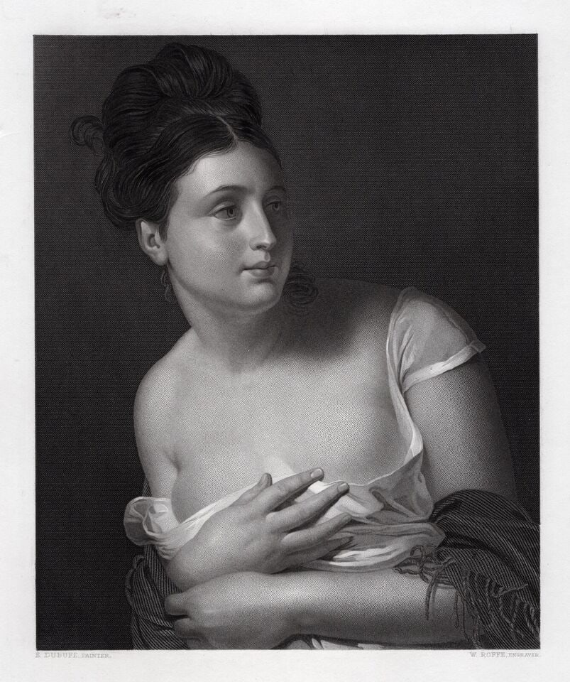1800s Claude Marie Dubufe Engraving Woman in a Chemise SIGNED Framed: Claude Marie Dubufe (French, 1790-1864). The Surprise (La Surprise). Antique engraving on wove paper after the original oil on canvas by master engraver William Callio Roffe (British, 1817-1902). Year