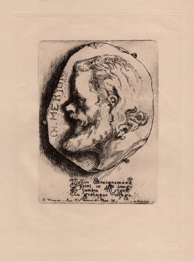 SIGNED Charles Meryon Etching CHARLES MERYON PORTRAIT Framed: Charles Meryon (1821-1868). Portrait of Charles Meryon. Vintage etching on laid paper after the original by a Master Engraver. Year: 1926. Signed in the plate, upper left center. Plate size 4 3/4 x 6