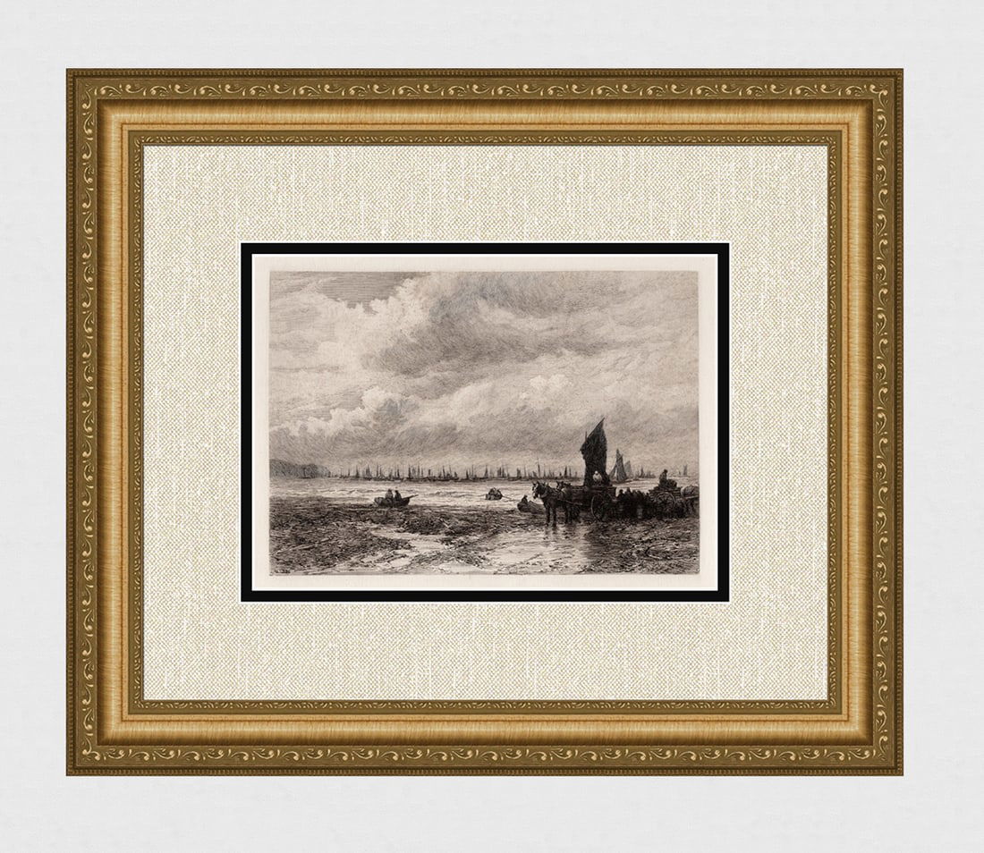 DAVID LAW 1800s Etching "Fishing Boats off Whitby" SIGNED FRAMED: David Law (Scottish, 1831-1901). Fishing Boats off Whitby. Original etching on laid paper. Signed in the plate, lower left. Year: 1881. Image Size 6 3/4 x 9 5/8 inches.Framed dimensions: Approximately