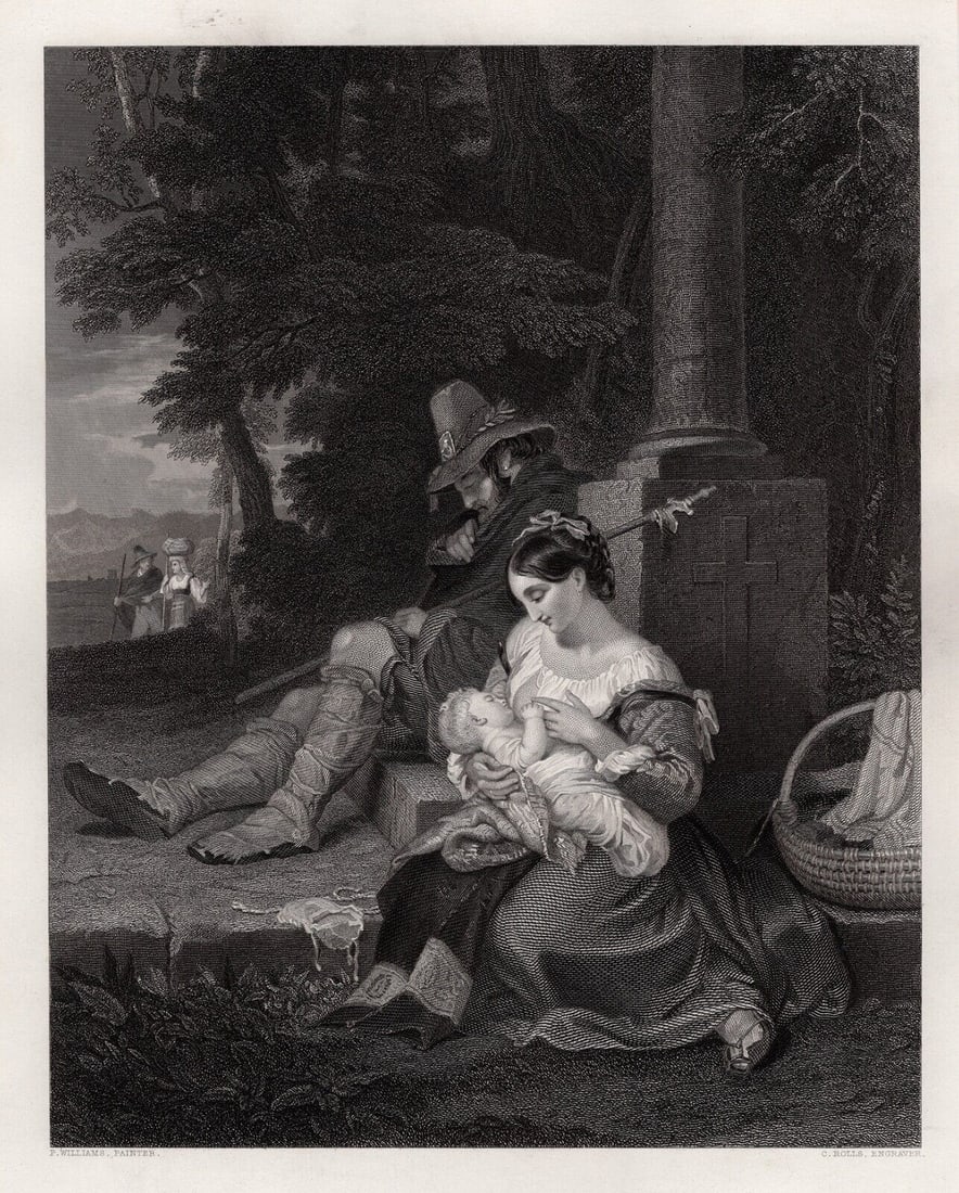 1800s PENRY WILLIAMS Engraving The Way-Side in Italy SIGNED FRAMED: Penry Williams (Welsh, 1802 - 1885). The Way-Side in Italy. Antique engraving on wove paper after the original oil paint on canvas by master engraver Charles Rolls (British, 1799-1828 fl. circa). Sign