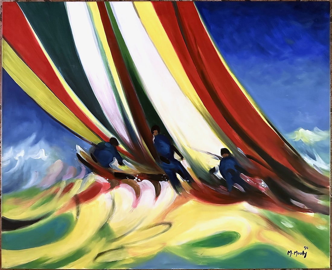 Exceptional Marcel Mouly Sailboats Painitng 28 x 36 inches: Marcel Mouly (1918 - 2008). Rude Sea (Mer Rude). Original Oil painting on canvas. Signed by the artist lower right. Signed and titeld on the reverse. Year: 1994. Canvas Size: 28 3/4 x 36 inches. From