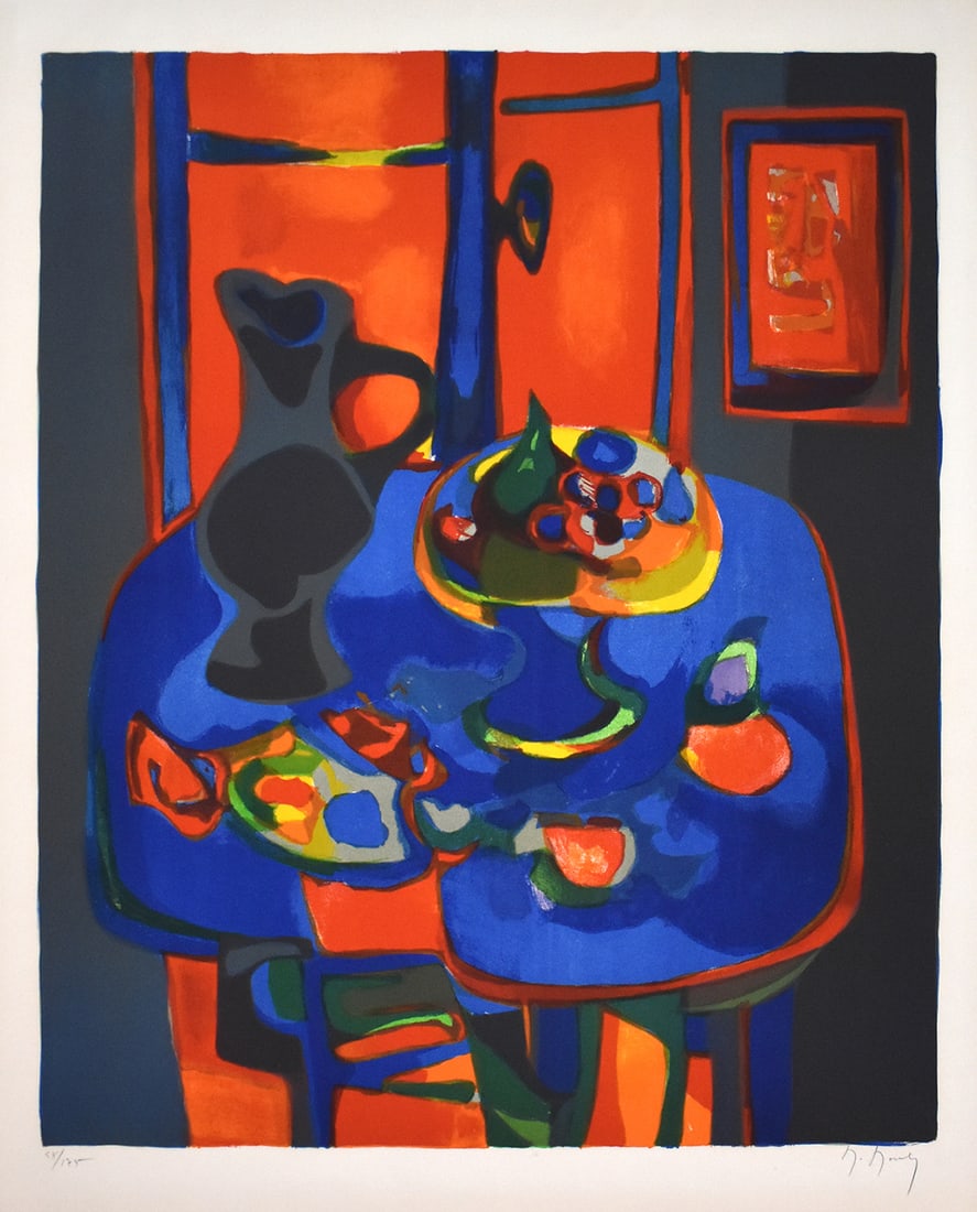 Marcel Mouly Hand signed Lithograph Nature Morte aux Fenetre Rouge: Marcel Mouly (1918 - 2008). Nature Morte aux Fenetre Rouge (Still Life with Red Window). Color lithograph on wove paper. Signed in pencil, lower right. Numbered from 300. Image size 18 5/8 x 23 1/8 in