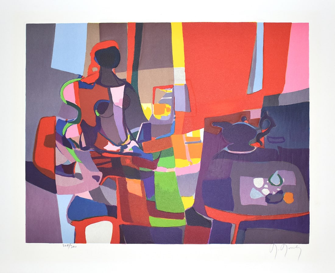 Marcel Mouly Hand signed Lithograph The Writer: Marcel Mouly (1918 - 2008). L'Ecrivain (The Writer). Color lithograph on wove paper. Year: 1991. Signed in pencil, lower right. Numbered from 300. Image size 18 x 13 3/4 inches. Sheet Size: c. 23 7/8