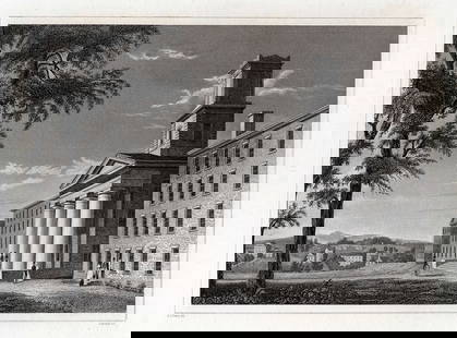 1800s Alexander Jackson DAVIS Engraving Amherst College, Mass FRAMED SIGNED: Alexander Jackson Davis (American 1803 - 1892). Amherst College, Mass. Antique engraving on wove paper after the original by master engraver J. Archer (British,1800- fl. c.). Signed in the plate. Year