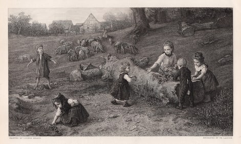 FRAMED 1800s Ludwig Knauss Engraving Young Children at Play SIGNED