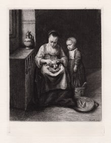 Nicolas Maes A Woman scraping Parsnips, with a Child standing by her. 1874 etching