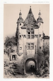 SIGNED ORIGINAL PETIT 1800s Lithograph Castle of Excideuil Gates FRAMED