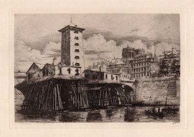 Charles MERYON SIGNED Etching View of the Notre Dame Pumphouse Framed