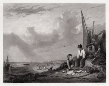 WILLIAM COLLINS 1800s Engraving The Fisher-Boys Catch SIGNED Framed