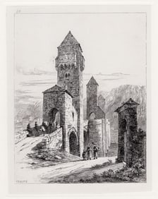 Sir Ernest George Cahors. Fortified Bridge on the Lot 1875 etching