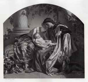 SIGNED 1800s Jozef Van Lerius Engraving Miracle of the First Child FRAMED