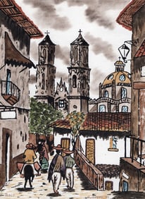 ORIGINAL Watercolor and Ink Taxco, Mexico Landscape FRAMED