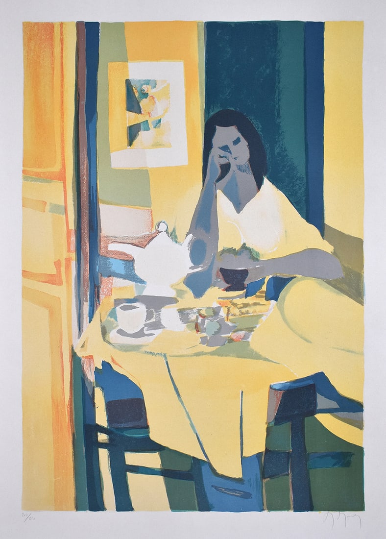 Marcel Mouly Hand signed Lithograph Interior: Marcel Mouly (1918 - 2008). Interieur (Interior). Color lithograph on wove paper. Year: 1981. Signed in pencil, lower right. Numbered from 250. Image size 18 x 25 1/2 inches. Sheet Size: c. 21 3/4 x 2