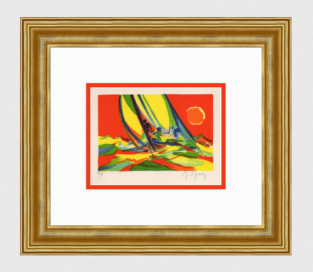 Marcel Mouly Hand signed Lithograph Sunset: Marcel Mouly (1918 - 2008). Coucher de Soleil (Sunset). Color lithograph on Arches paper. Year: 1990. Signed in pencil, lower right. Number 181 (Probably of 300). Image size 5 x 7 inches. Framed dimen