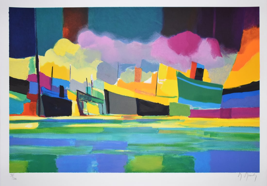 Marcel Mouly Hand signed Lithograph Navy Ships: Marcel Mouly (1918 - 2008). Grande Marine Aux Fumees Roses (Navy Ships with Pink Smoke). Color lithograph on wove paper. Year: 1999. Signed in pencil, lower right. Numbered from 300. Image size 28 3/4