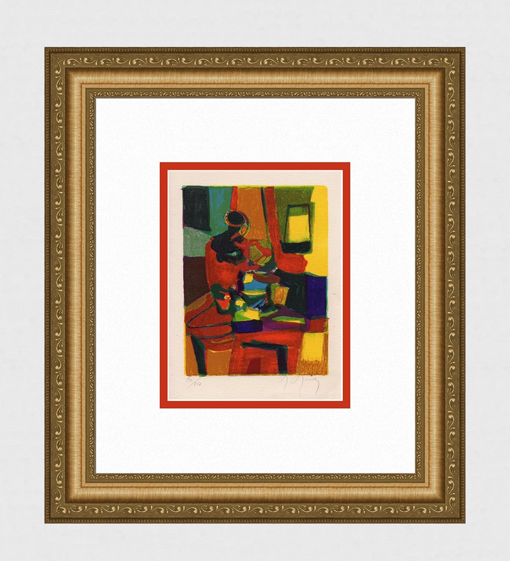 Marcel Mouly Hand signed Lithograph Yellow Lounge: Marcel Mouly (1918 - 2008). Le Salon Jaune (The Yellow Lounge). Color lithograph on Wove paper. Year: 1989. Signed in pencil, lower right. Number from 250. Image size 6 3/4 x 5 inches. Framed dimensio