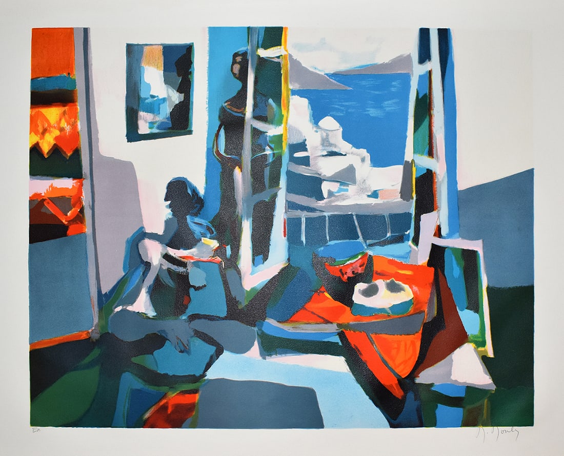Marcel Mouly Hand signed Lithograph Santorini Artist Proof: Marcel Mouly (1918 - 2008). Fenetre, au-dessus, Santorin (Window above Santorini). Color lithograph on Arches paper. Year: 1978. Signed in pencil, lower right. Numbered EA (Artist Proof - Epreuve d'Ar