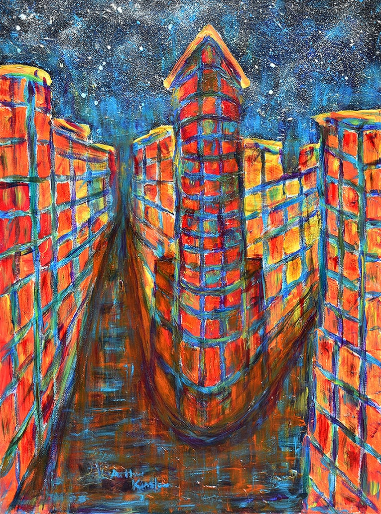 Arthur Kinslow Original Painting Starry Night New York 30 x 40 inches: Arthur Kinslow ( American, 1955 - ). Starry Night in New York. Original Acrylic on Canvas. Signed by the artist lower right. Canvas Size 30 x 40 inches. Arthur Kinslow has been involved in art his ent