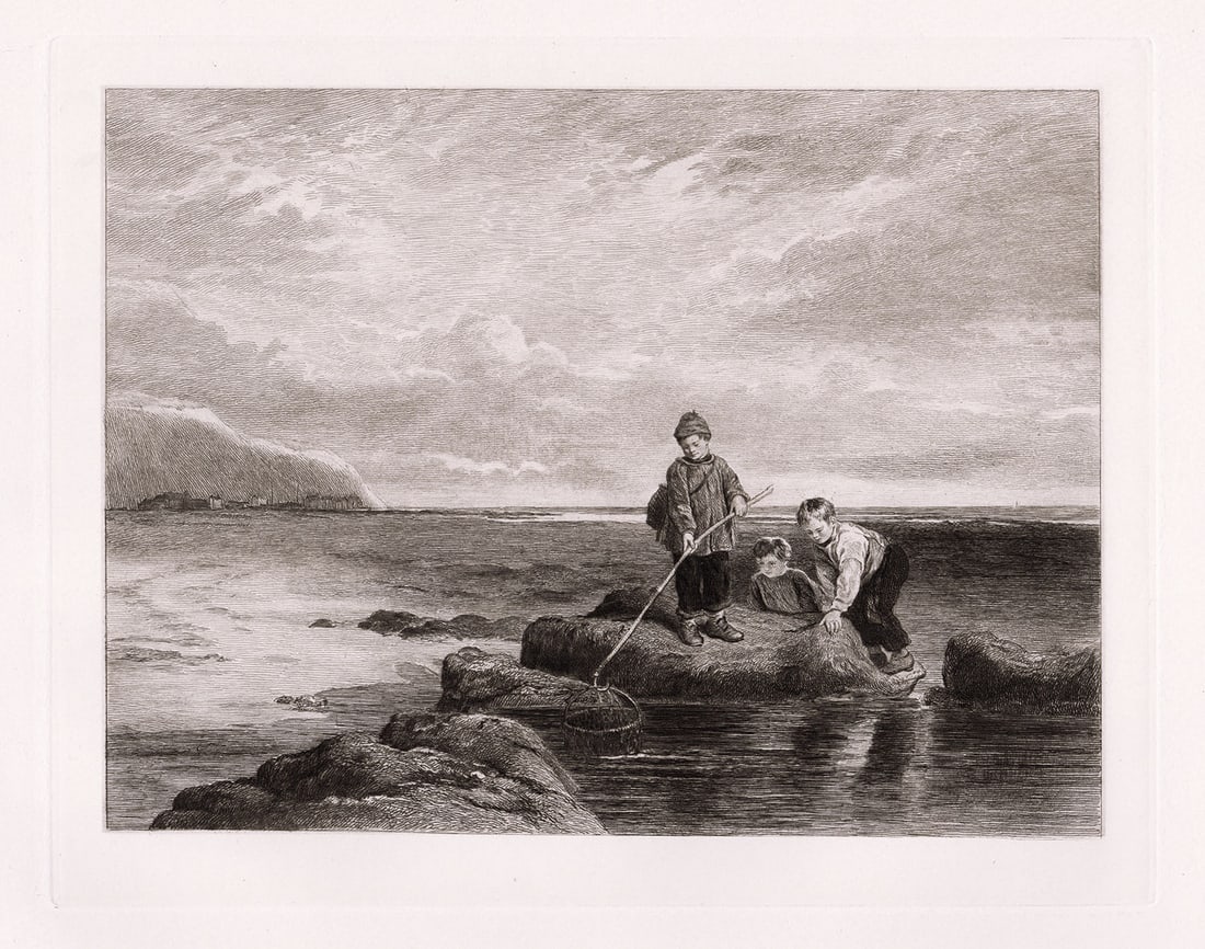 William Collins Prawn Fishing 1889 etching: William Collins. (English, 1788-1847). Prawn Fishing. Antique hand pulled copper plate etching on wove paper after the original oil paint on mahogany by master etcher Charles Oliver Murray (Scottish,