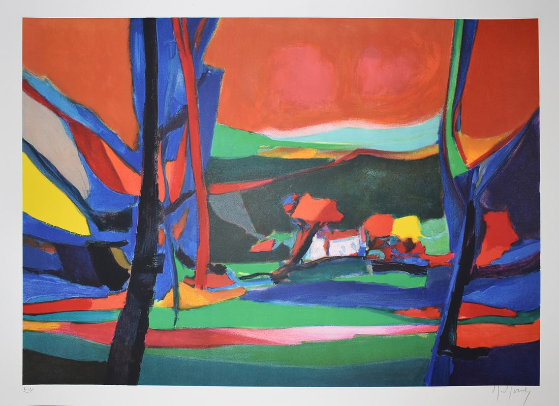 Marcel Mouly Hand signed Lithograph House in the Trees Printers Proof: Marcel Mouly (1918 - 2008). Maison Perdue dans les Arbress (House Lost in the Trees). Color lithograph on wove paper. Year: 1995. Signed in pencil, lower right. Numbered EC (Printer's Proof). Image si
