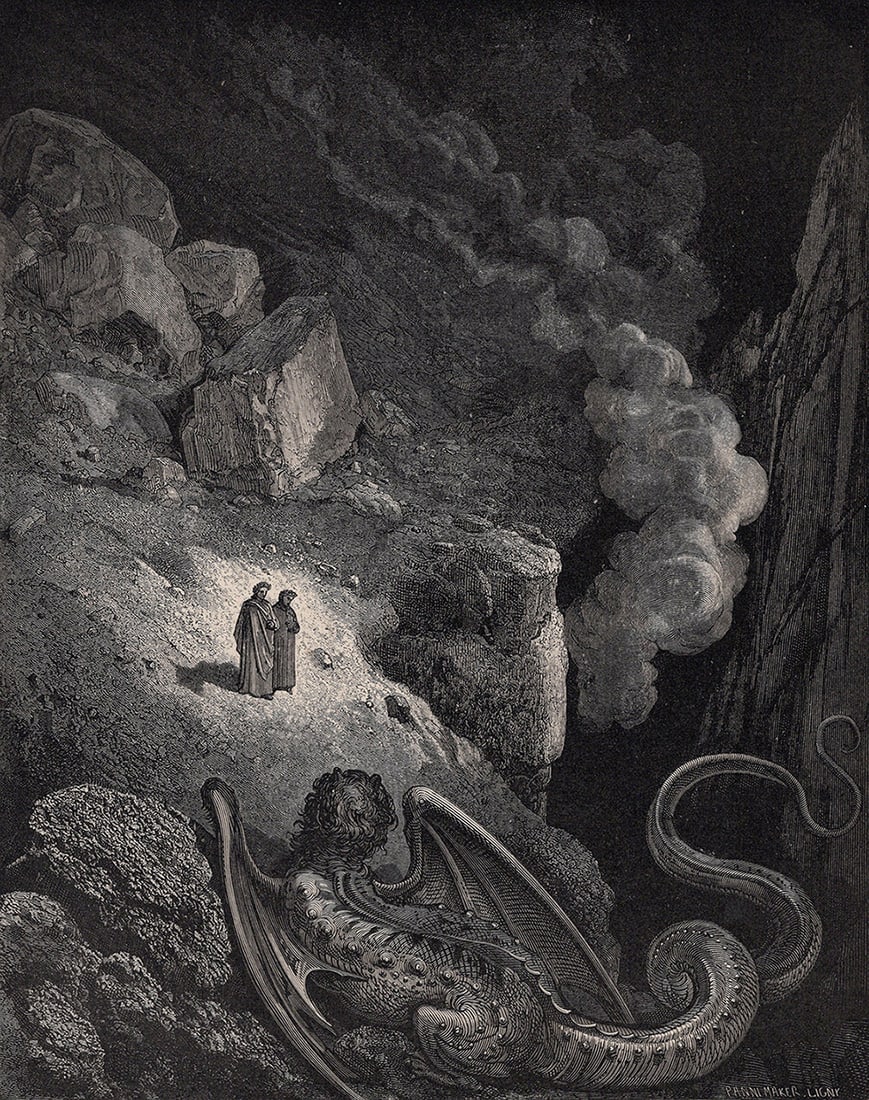 Gustave Dore Geryon (Dante's Divine Comedy Enferno) c. 1880 Wood Engraving: Gustave Dore (Paul Gustave Louis Christophe Dore) (French, 1832-1883). Chant 18 Geryon - Fraud (Dante's Divine Comedy Enferno). Antique Wood Engraving on wove paper executed by master wood engraver St