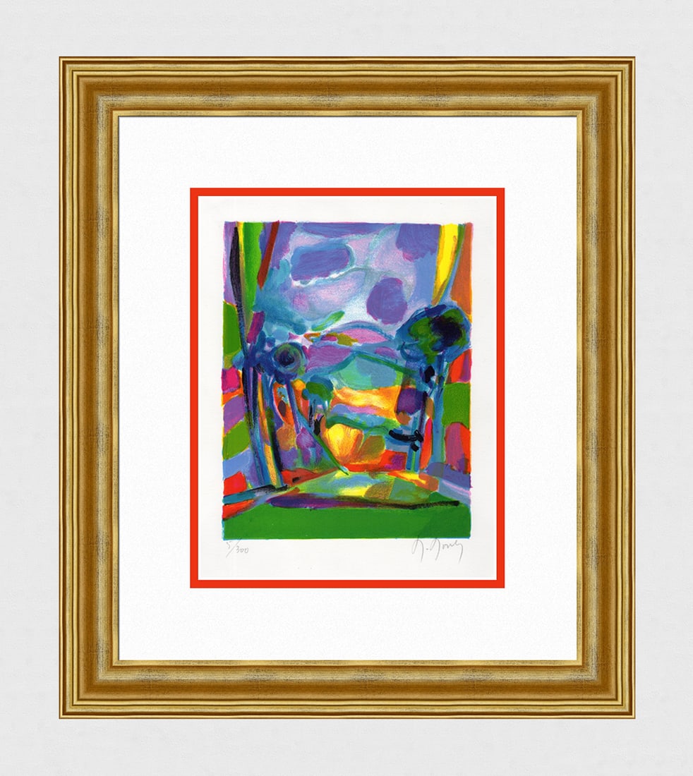 Marcel Mouly Hand signed Lithograph The Mauve Clouds: Marcel Mouly (1918 - 2008). Les Nuages Mauve (The Mauve Clouds). Color lithograph on Wove paper. Year: 1998. Signed in pencil, lower right. Number from 300. Image size 8 1/4 x 10 3/4 inches. Framed di