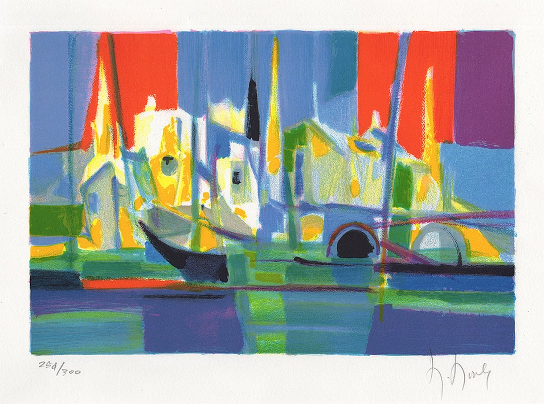 Marcel Mouly Hand signed Lithograph The Long Port: Marcel Mouly (1918 - 2008). Le Long Port (The Long Port). Color lithograph on wove paper. Year: 1998. Signed in pencil, lower right. Numbered from 300. Image size 9 3/4 x 13 3/4 inches. Framed dimensi