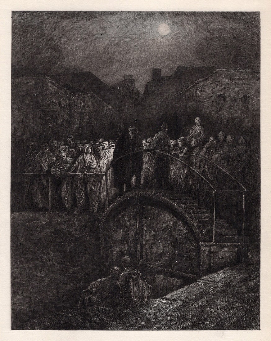 1800s GUSTAVE DORE SIGNED Wood Engraving LONDON NIGHT SCENE Framed: Gustave Dore (Paul Gustave Louis Christophe Dore) (French, 1832-1883). Night Scene In East London-The Thieves Roll Call. Antique etching wove paper after the original by master etcher by David Law (Br
