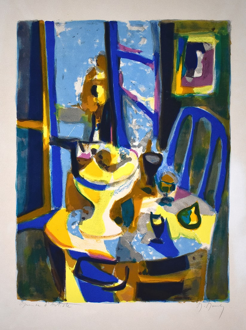 Marcel Mouly Hand signed Lithograph Le Compotier Juane Artist Proof: Marcel Mouly (1918 - 2008). Le Compotier Jaune (The Yellow Fruit Bowl). Color lithograph on wove paper. Year: 1983. Signed in pencil, lower right. Numbered EA (Artist Proof - Epreuve d'Artiste). Image