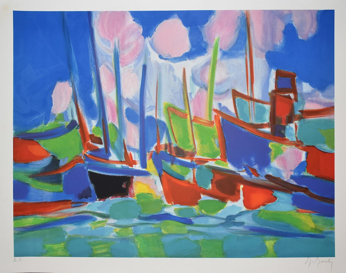 Marcel Mouly Hand signed Lithograph The Marina Artist Proof: Marcel Mouly (1918 - 2008). La Marina (The Marina). Color lithograph on wove paper. Year: 1992. Signed in pencil, lower right. Numbered EA (Artist Proof - Epreuve d'Artiste). Image size 20 1/2 x 26 1/